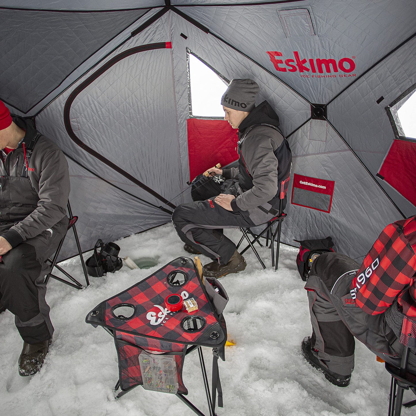 Eskimo Outbreak Portable Pop-Up Ice Fishing Shelter, Stormshield Insulated Fabric, No Trip Door, Durable Hub Design, Deluxe Tie Downs, Red/Black