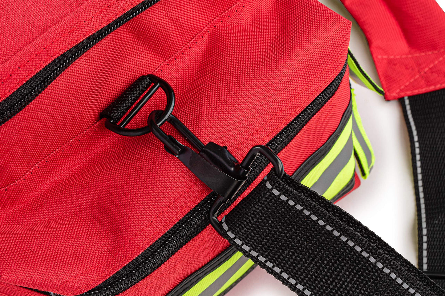 Scherber First Responder Fully-Stocked Professional Essentials EMT/EMS Trauma Kit | HSA/FSA Approved | Reflective Bag w/8 Zippered Pockets & Compartments & 200+ First Aid Supplies - Red