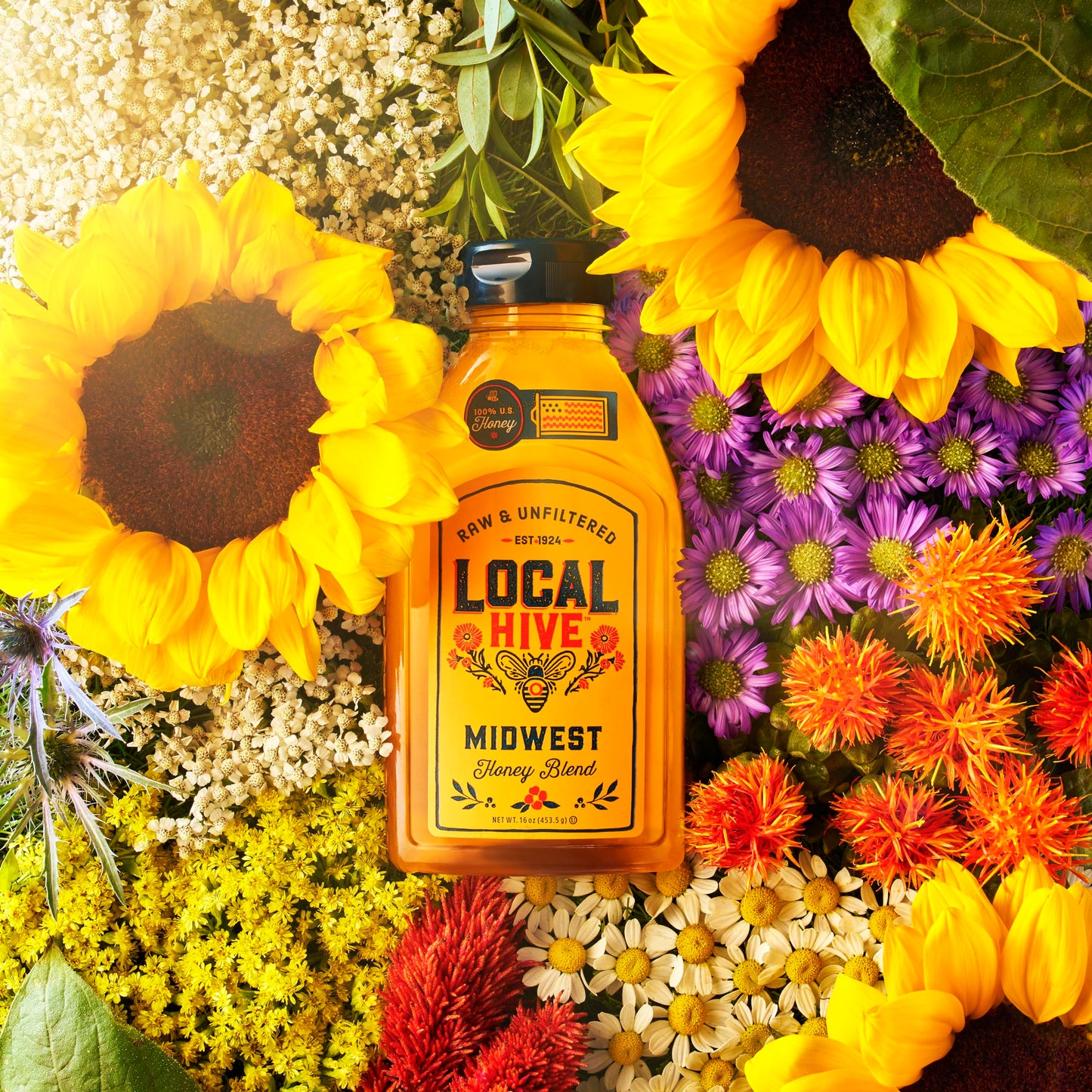 Local Hive Midwest Raw Unfiltered Honey – 16 oz, 100% Pure US Honey, Sourced from American Bees and Beekeepers - Natural Sweetener, Ideal for Tea, Baking, and Cooking