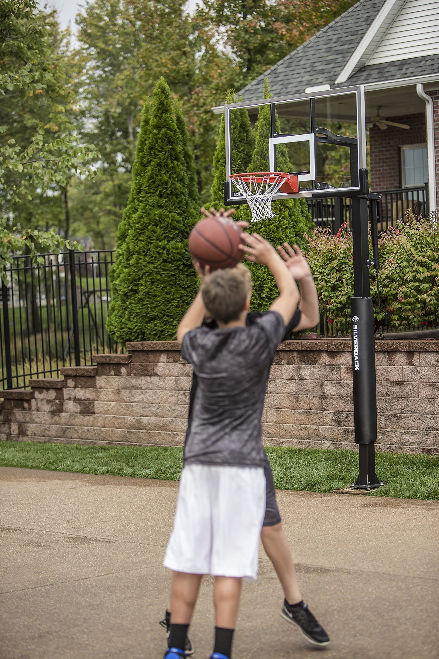Silverback 60" Height Adjustable In-Ground Basketball Hoop with Tempered Glass Backboard, Pro-Style Breakaway Rim, Pole and Backboard Pad