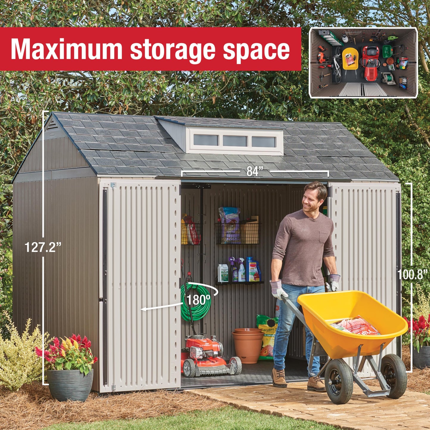 Rubbermaid Extra Large Resin Outdoor Storage Shed With Floor (7 x 10 Ft.), Weather Resistant, Brown, Organization for Home/Lawn Mower/Backyard Equipment/Bike Storage/Pool Supplies
