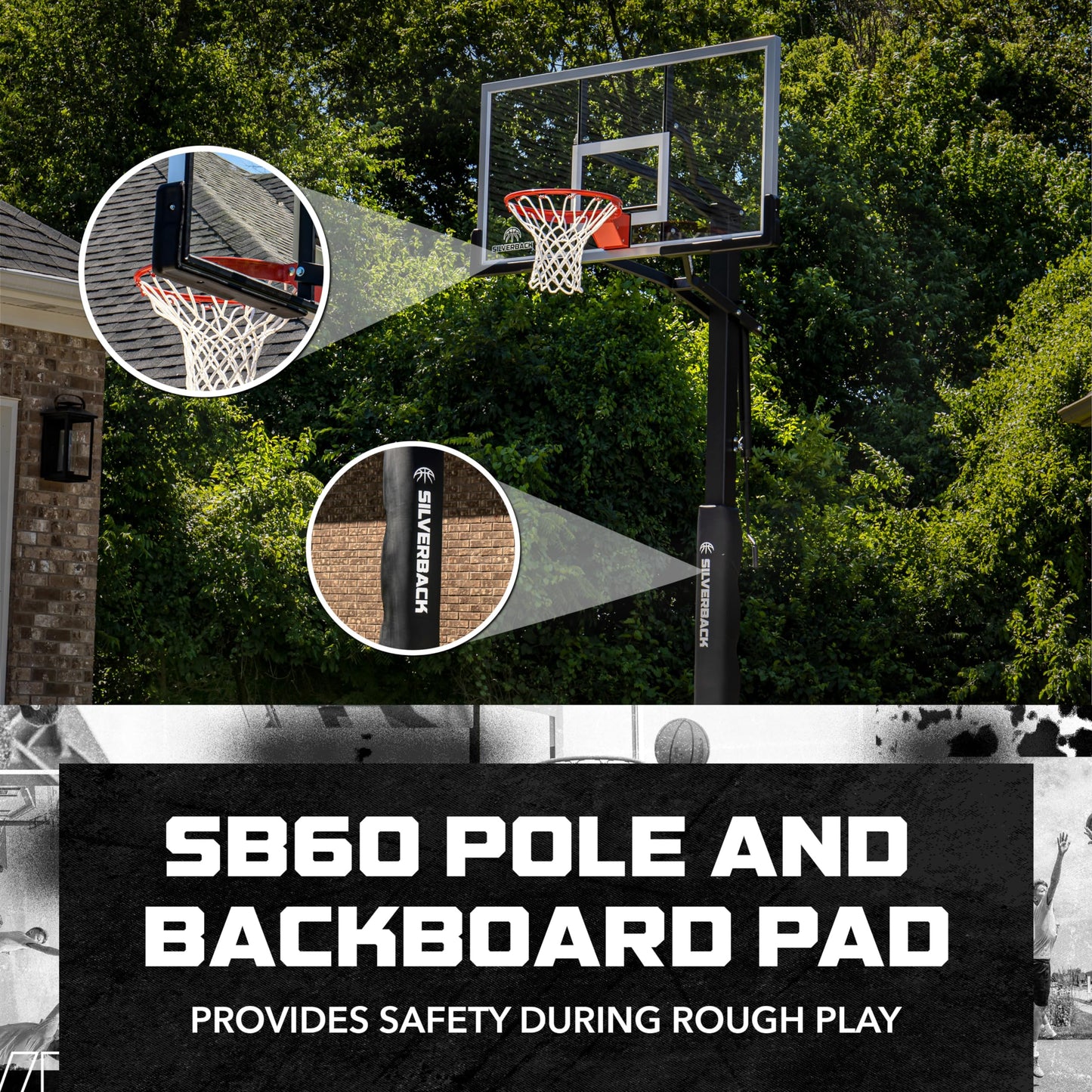 Silverback 60" Height Adjustable In-Ground Basketball Hoop with Tempered Glass Backboard, Pro-Style Breakaway Rim, Pole and Backboard Pad