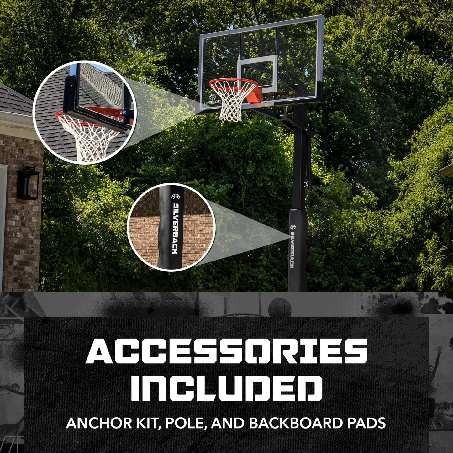 Silverback 60" Height Adjustable In-Ground Basketball Hoop with Tempered Glass Backboard, Pro-Style Breakaway Rim, Pole and Backboard Pad