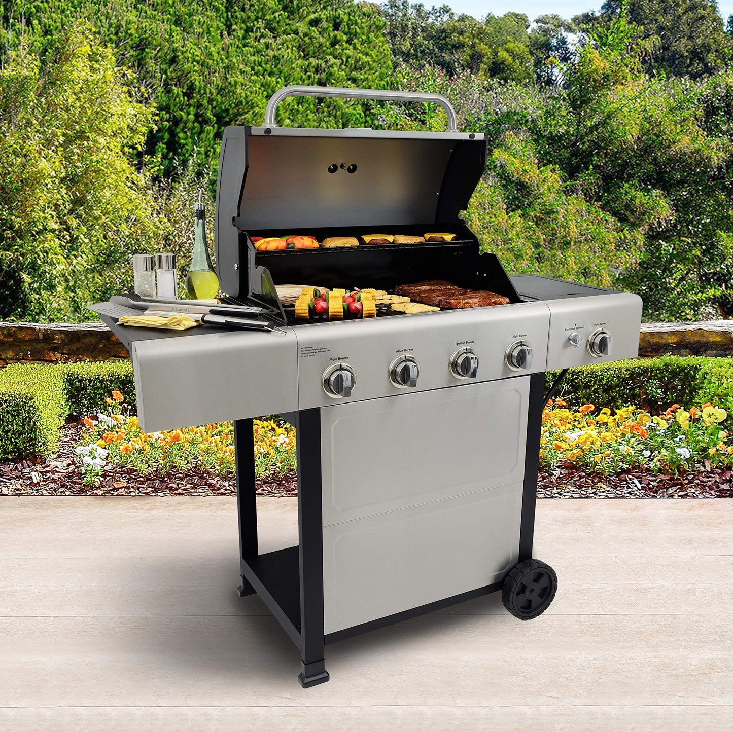 Kenmore 4-Burner Gas Grill with Side Burner, Outdoor BBQ Grill, Propane Gas Grill, Cast Iron Cooking Grates, Electronic Ignition, Warming Rack, Open Cart Design, 53000 BTUs, Stainless Steel and Black