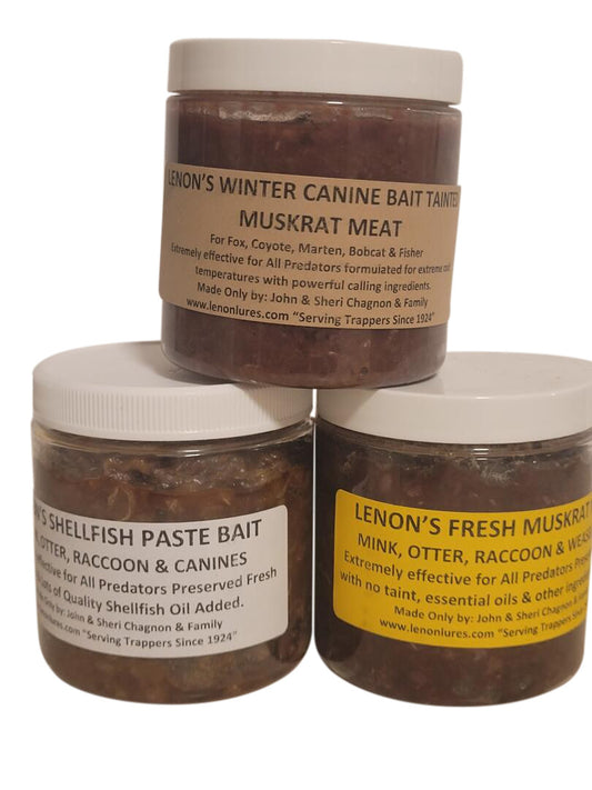 Lenon Lures Trappers Bait Package #2 8 oz Jar of Shellfish Bait, Winter Muskrat Bait & Fresh Muskrat Bait