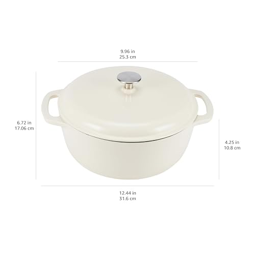 Amazon Basics Enameled Cast Iron Dutch Oven Pot with Lid, Oven Safe, Heavy-Duty, Dual Handles for Baking, Roasting, Stews, 4.3-Quart, White