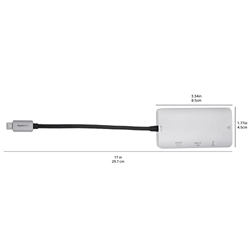 Amazon Basics 4-in-1 USB-C Adapter with HDMI, Ethernet Port, USB 3.0 and 100W PD Charging, Thunderbolt 3 Compatible, Gray, 3.35 x 1.77 x 0.51 inches