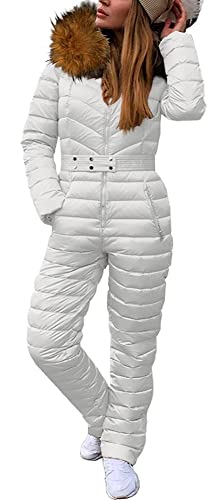 Cicy Bell Womens One Piece Ski Suits Winter Outdoor Sports Jumpsuit Fur Collar Coat Windproof Waterproof Hooded Snowsuit