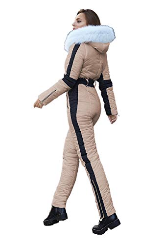 Yousify Womens Winter Onesies Ski Jumpsuits Outdoor Sports Waterproof Snowsuit Removable Fur Collar Coat Jumpsuit