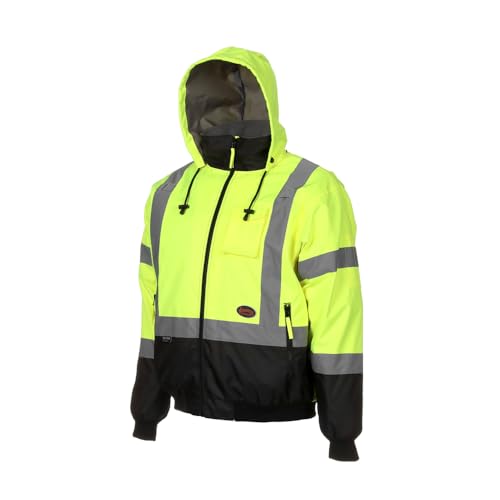Pioneer Hi Vis Safety Bomber for Men - Waterproof, Reflective ANSI Class 3 Winter Rain Jacket with Detachable Hood