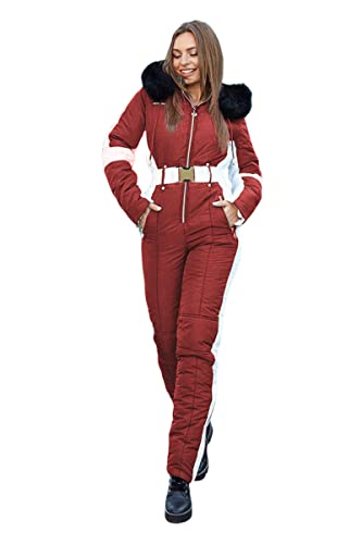 Yousify Womens Winter Onesies Ski Jumpsuits Outdoor Sports Waterproof Snowsuit Removable Fur Collar Coat Jumpsuit