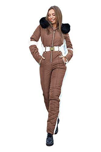 Yousify Womens Winter Onesies Ski Jumpsuits Outdoor Sports Waterproof Snowsuit Removable Fur Collar Coat Jumpsuit