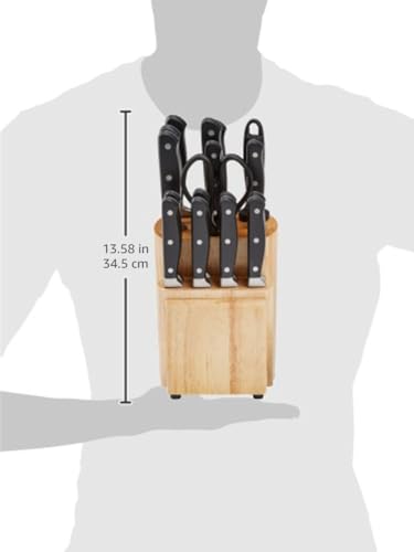 Amazon Basics 18 Pieces Premium High-Carbon Stainless Steel Blades with Pine Wood Knife Block Set,Kitchen, Black