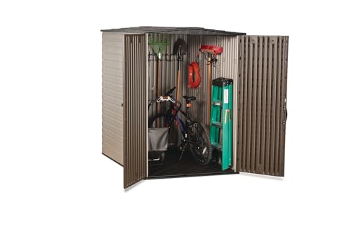 Rubbermaid Medium Vertical Resin Outdoor Storage Shed With Floor (5 x 4 Ft), Weather Resistant, Brown, Organization for Home/Backyard/Pool/Garden/Lawn Tools