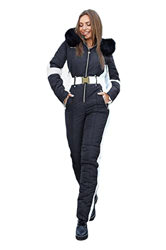 Yousify Womens Winter Onesies Ski Jumpsuits Outdoor Sports Waterproof Snowsuit Removable Fur Collar Coat Jumpsuit