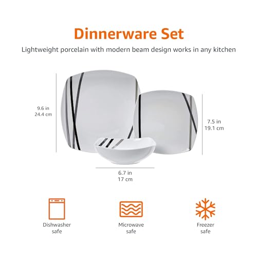 Amazon Basics 18 Piece Kitchen Dinnerware Set - Square Plates, Bowls, Service for 6 - Modern Beams