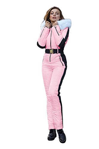 Yousify Womens Winter Onesies Ski Jumpsuits Outdoor Sports Waterproof Snowsuit Removable Fur Collar Coat Jumpsuit