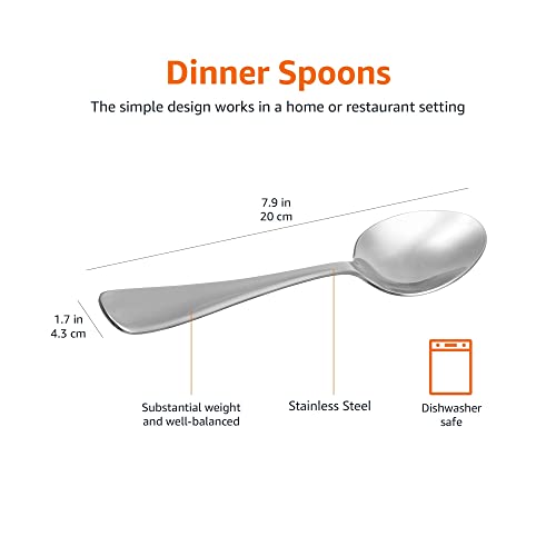 Amazon Basics Stainless Steel Dinner Spoons with Round Edge, Large Tablespoons, 7.9 inches, 10 Pack of 12, 120 count total, Silver