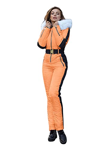 Yousify Womens Winter Onesies Ski Jumpsuits Outdoor Sports Waterproof Snowsuit Removable Fur Collar Coat Jumpsuit
