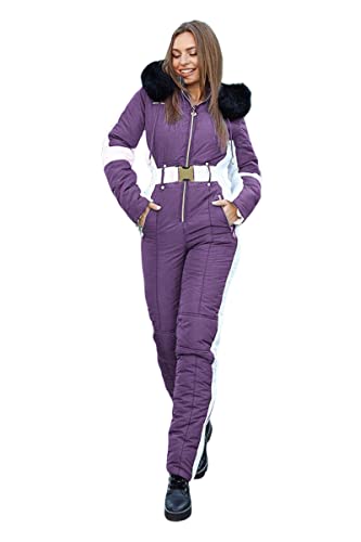 Yousify Womens Winter Onesies Ski Jumpsuits Outdoor Sports Waterproof Snowsuit Removable Fur Collar Coat Jumpsuit