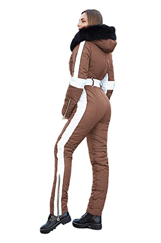 Yousify Womens Winter Onesies Ski Jumpsuits Outdoor Sports Waterproof Snowsuit Removable Fur Collar Coat Jumpsuit