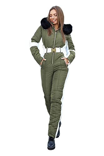 Yousify Womens Winter Onesies Ski Jumpsuits Outdoor Sports Waterproof Snowsuit Removable Fur Collar Coat Jumpsuit