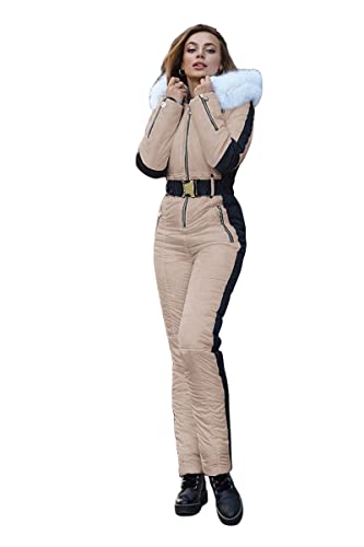 Yousify Womens Winter Onesies Ski Jumpsuits Outdoor Sports Waterproof Snowsuit Removable Fur Collar Coat Jumpsuit