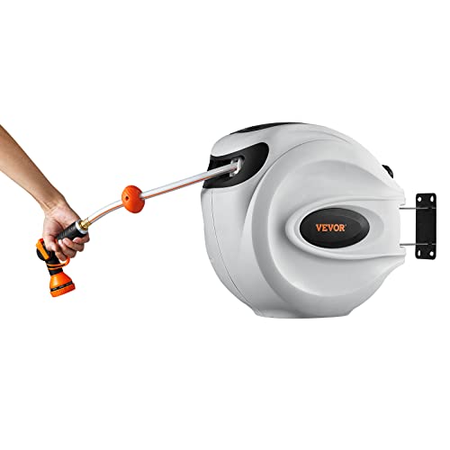 VEVOR Retractable Hose Reel, 65 ft x 5/8 inch, 180° Swivel Bracket Wall-Mounted, Garden Water Hose Reel with 9-Pattern Nozzle, Automatic Rewind, Lock at Any Length, and Slow Return System