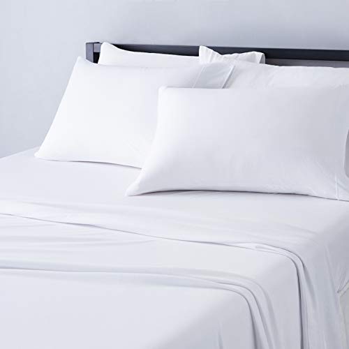 Amazon Basics 4 Piece Comfortable Cotton Jersey Bed Sheet Set, Includes Soft Flat and Fitted Sheets, Pillowcase, Queen, White, Solid