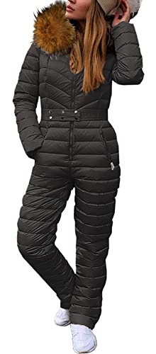 Cicy Bell Womens One Piece Ski Suits Winter Outdoor Sports Jumpsuit Fur Collar Coat Windproof Waterproof Hooded Snowsuit