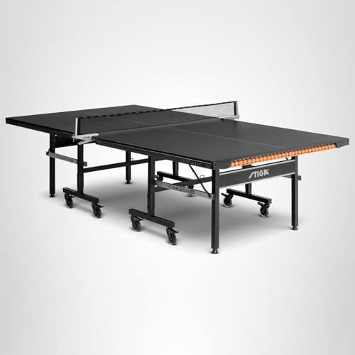 STIGA Carbon Series Indoor Ping Pong Tables with 15mm - 18mm Performance Top, QuickPlay Assembly, Built-in Ball Storage, Foldable Playback Mode & Lockable Casters