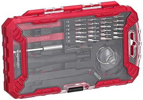 Amazon Basics Electronics Screwdriver Set, 32-Piece Tool Kit for Repair and Maintenance, Red