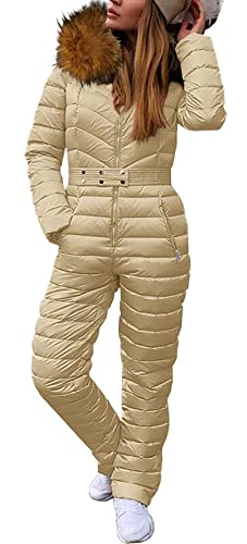 Cicy Bell Womens One Piece Ski Suits Winter Outdoor Sports Jumpsuit Fur Collar Coat Windproof Waterproof Hooded Snowsuit
