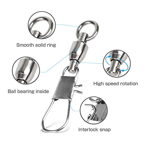 AMYSPORTS Fishing Swivels with Interlock Snap Ball Bearing Swivels Fishing Snap Swivels Saltwater Freshwater Fishing Tackle Leader Lure Jigs Line Fishing Connector