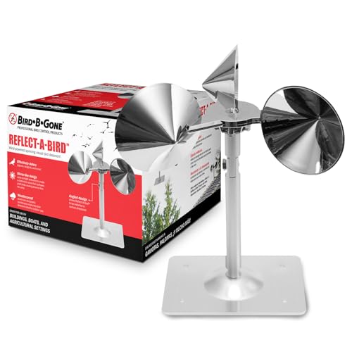 Bird B Gone - Reflect-A-Bird - Reflective Spinning Deterrent - Repels Pigeons, Sparrows, & Woodpeckers - Wind Powered - for Gardens, Railings, Roofs, Etc - Weatherproof Aluminum - Adjustable Neck