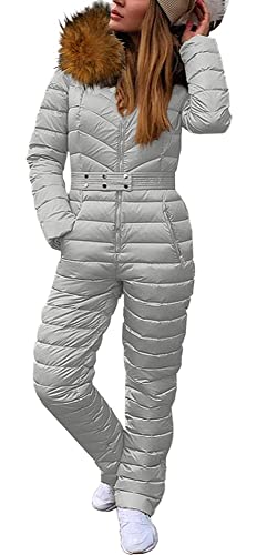 Cicy Bell Womens One Piece Ski Suits Winter Outdoor Sports Jumpsuit Fur Collar Coat Windproof Waterproof Hooded Snowsuit
