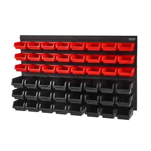 VEVOR Wall Mounted Storage Rack System, 30-Bin Parts Rack Organizer with Wall Panels/Tool Holders/Hooks, Garage Plastic Shop Tool Organizer for Nuts, Bolts, Screws, Nails, Beads, Buttons
