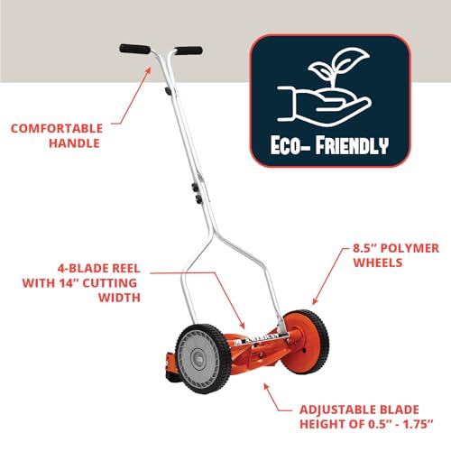 American Lawn Mower Company 1204-14 14-Inch 4-Blade Push Reel Lawn Mower, Red