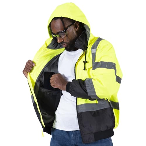 Pioneer Hi Vis Safety Bomber for Men - Waterproof, Reflective ANSI Class 3 Winter Rain Jacket with Detachable Hood