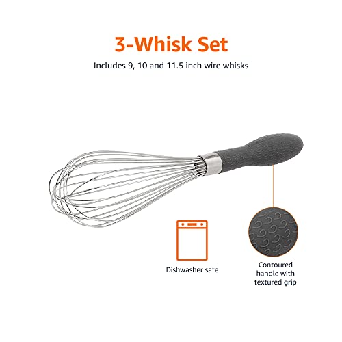 Amazon Basics Stainless Steel Wire Whisk Set for Cooking, Dishwasher Safe, 3 Piece, Black/Silver
