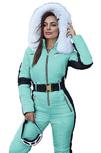 Yousify Womens Winter Onesies Ski Jumpsuits Outdoor Sports Waterproof Snowsuit Removable Fur Collar Coat Jumpsuit