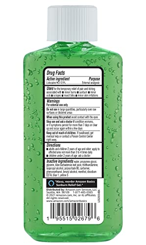 Amazon Basics Sunburn Relief Gel with Aloe Vera, Soothing, Cooling, Itch Relief, 8 oz, Pack of 1 (Previously Solimo)