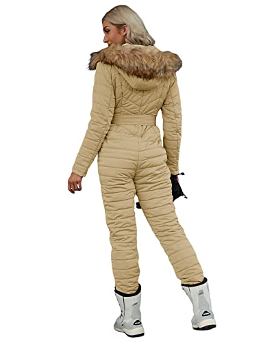 Cicy Bell Womens One Piece Ski Suits Winter Outdoor Sports Jumpsuit Fur Collar Coat Windproof Waterproof Hooded Snowsuit