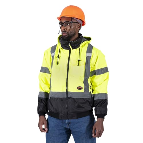 Pioneer Hi Vis Safety Bomber for Men - Waterproof, Reflective ANSI Class 3 Winter Rain Jacket with Detachable Hood