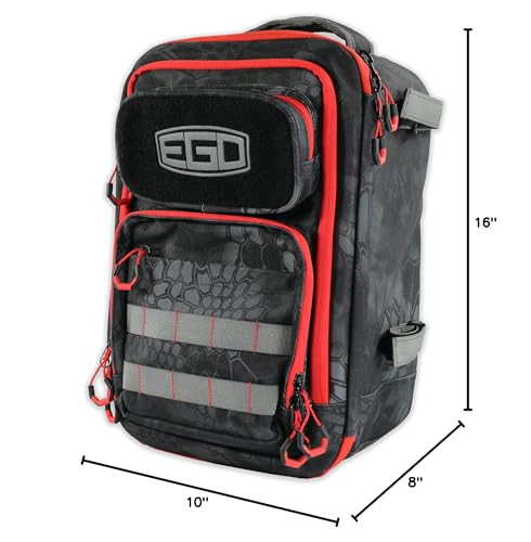 EGO Kryptek Tactical Tackle Box Backpack, Durable Fishing Tool Bag, 1000D Nylon Fabric with PVC Back, Water-Resistant, Multiple Storage Pockets, Laser-Cut Molle Loops, Includes 4 Tackle Trays