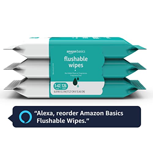 Amazon Basics Adult Wet Wipes Flushable formulated without Fragrance, 126 Count (3 Packs of 42) Packaging May Vary