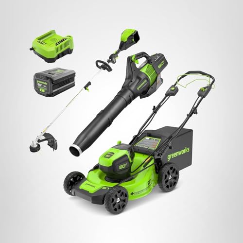 Greenworks 80V 21" Self-Propelled Cordless Lawn Mower + 580CFM Blower + 16" String Trimmer – 4.0Ah Battery & 60-Min Rapid Charger (75+ Compatible Tools)