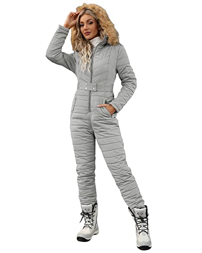 Cicy Bell Womens One Piece Ski Suits Winter Outdoor Sports Jumpsuit Fur Collar Coat Windproof Waterproof Hooded Snowsuit