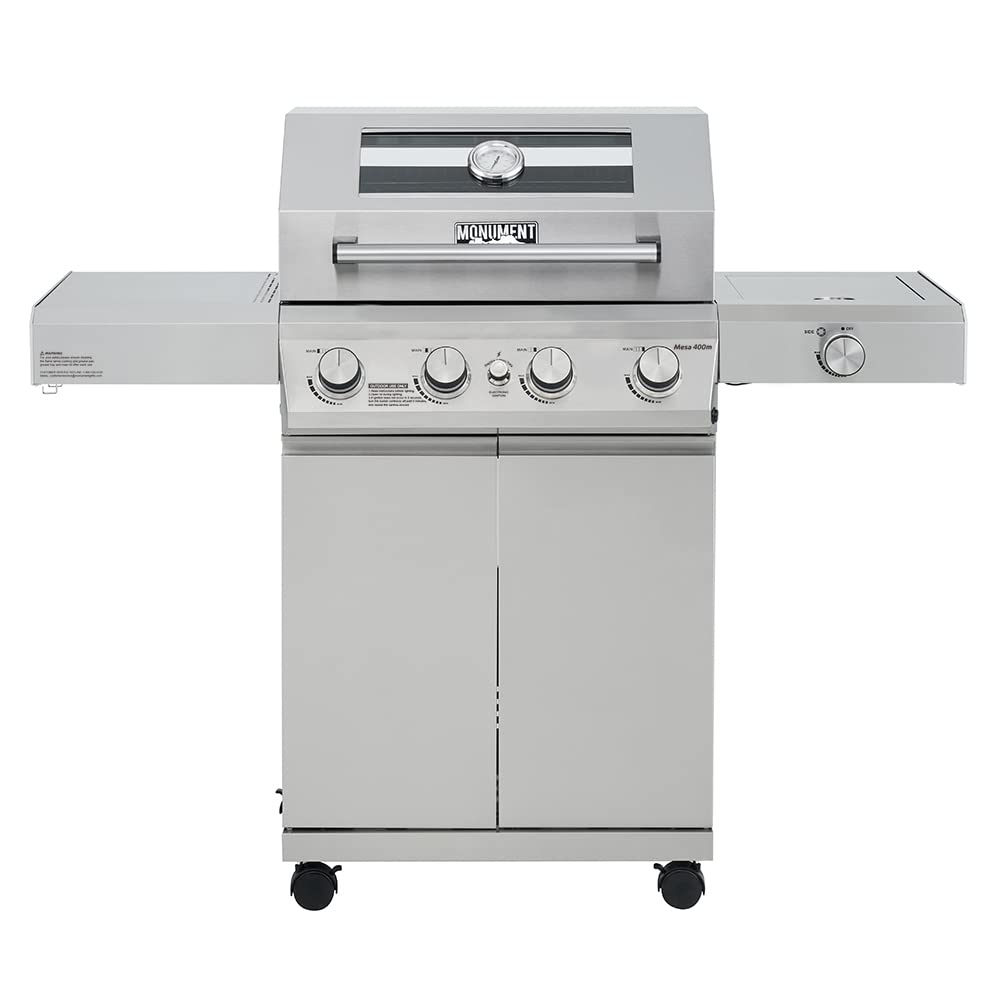 Monument Grills Larger 4-Burner Propane Gas Grills bbq Stainless Steel Heavy-Duty Cabinet Style with Knob Controls Side Burner, Outdoor Use, Mesa 400m