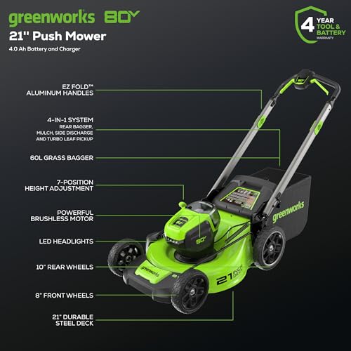 Greenworks 80V 21" Brushless Cordless (Push) Lawn Mower (75+ Compatible Tools), (2) 2.0Ah Batteries and 30 Minute Rapid Charger Included